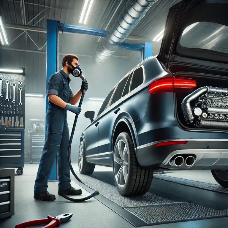 Mechanic performing DPF cleaning on a diesel car in a professional garage setting