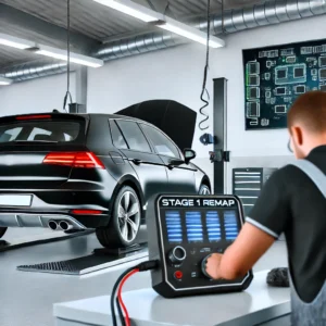 Mechanic performing a Stage 1 remap on a modern car using diagnostic equipment