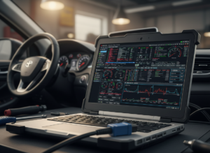Diagnostic laptop screen displaying vehicle fault codes during ECU scan
