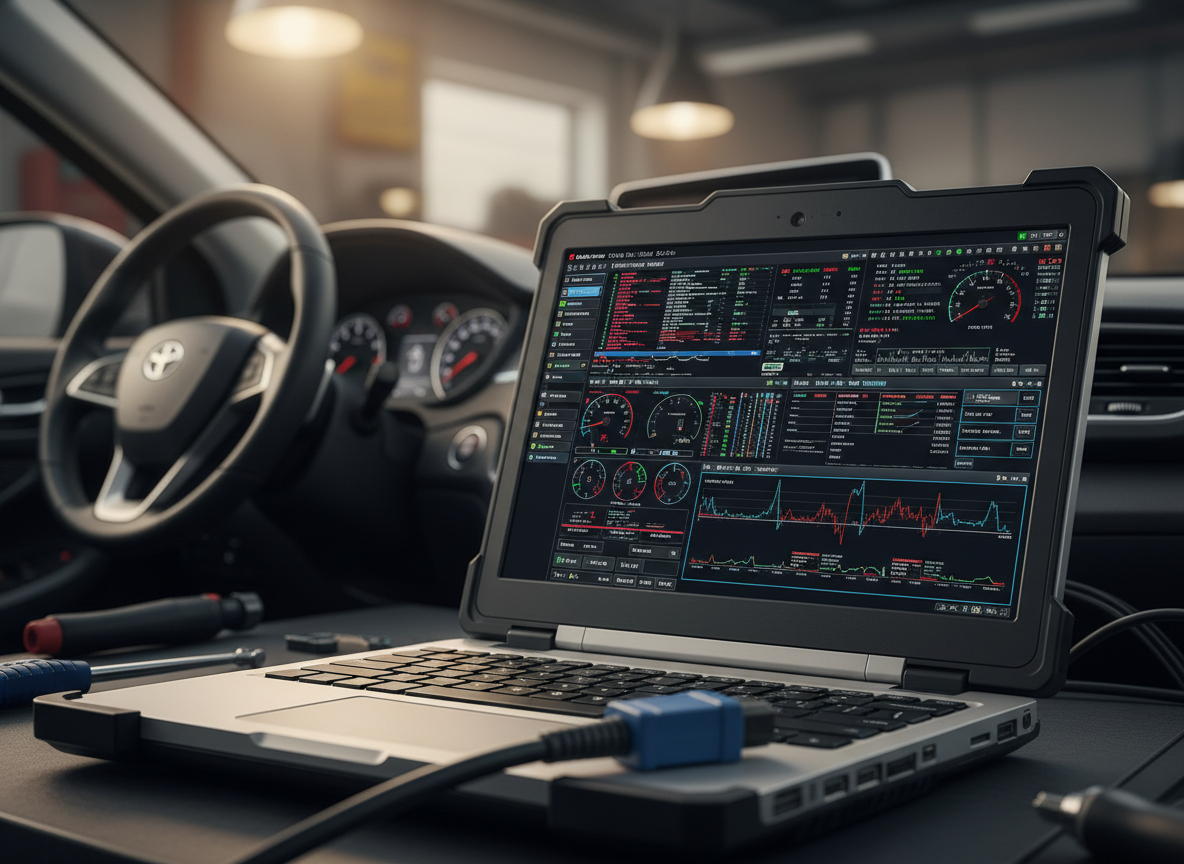 Diagnostic laptop showing live fault data from a Wolverhampton vehicle