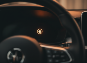 DPF warning light illuminated on a vehicle dashboard indicating filter blockage