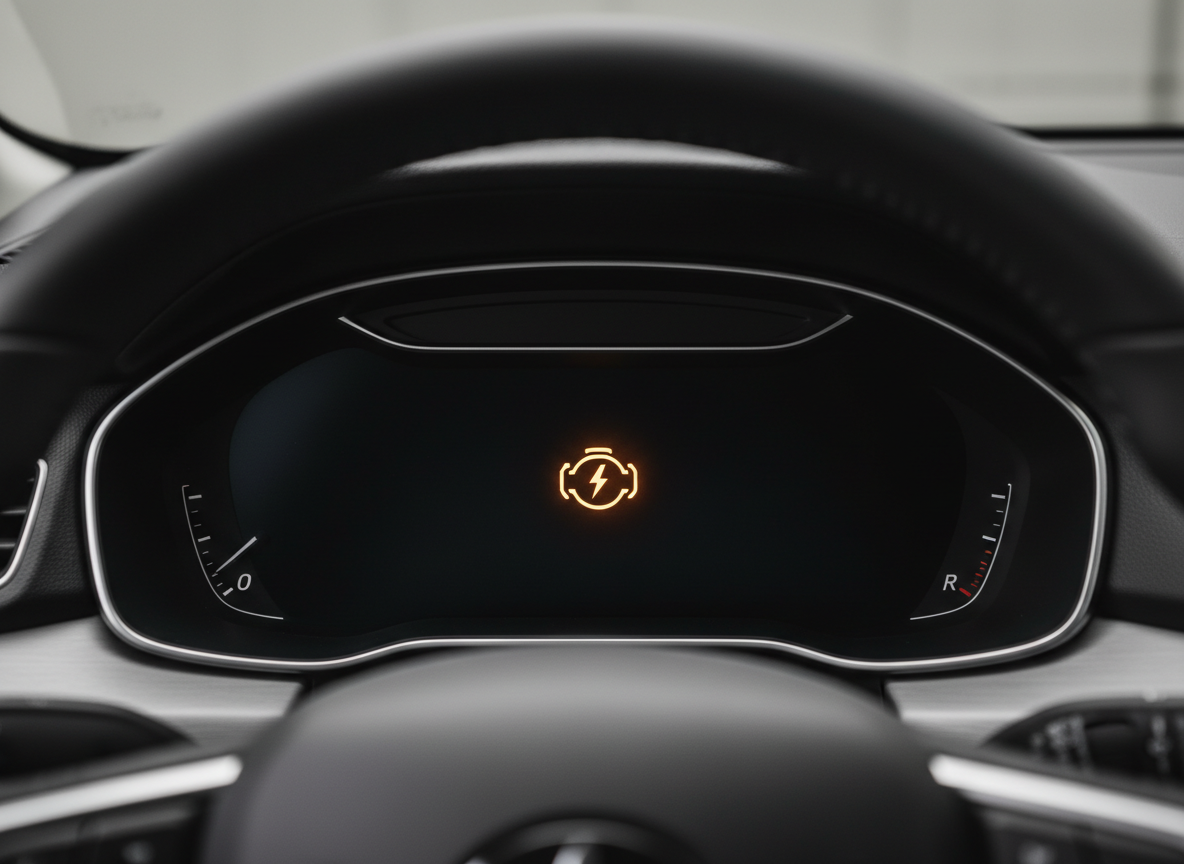 Engine management warning light illuminated on a vehicle dashboard
