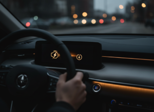 Engine management light and reduced power warning on a dark vehicle dashboard