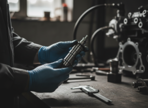 Gloved hands inspecting a diesel fuel injector during vehicle diagnostics