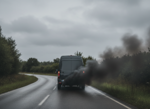 Diesel vehicle emitting dark exhaust smoke indicating DPF or EGR issues