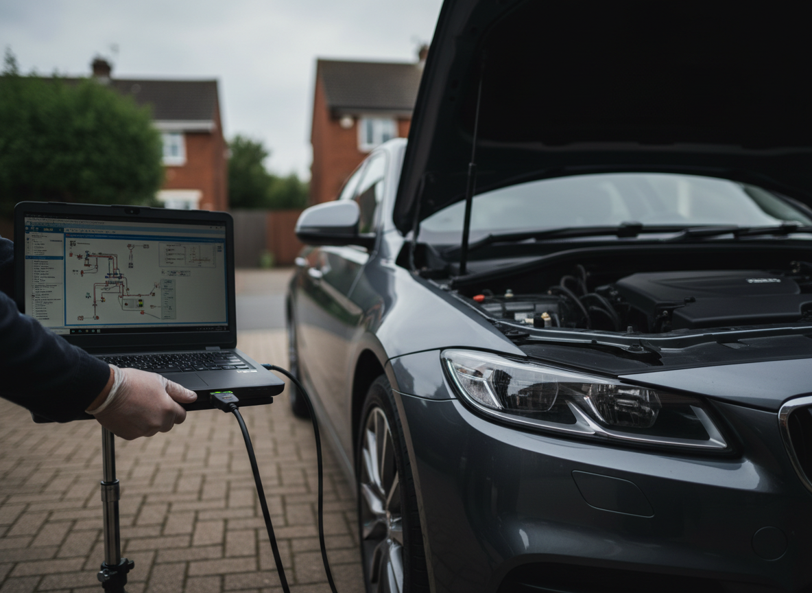Hands using a mobile OBD diagnostic laptop on an urban driveway
