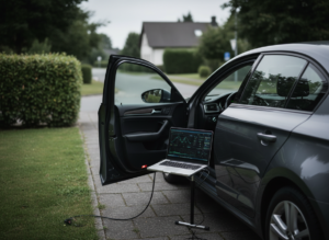 OBD diagnostic laptop set up on a driveway for mobile ECU remapping
