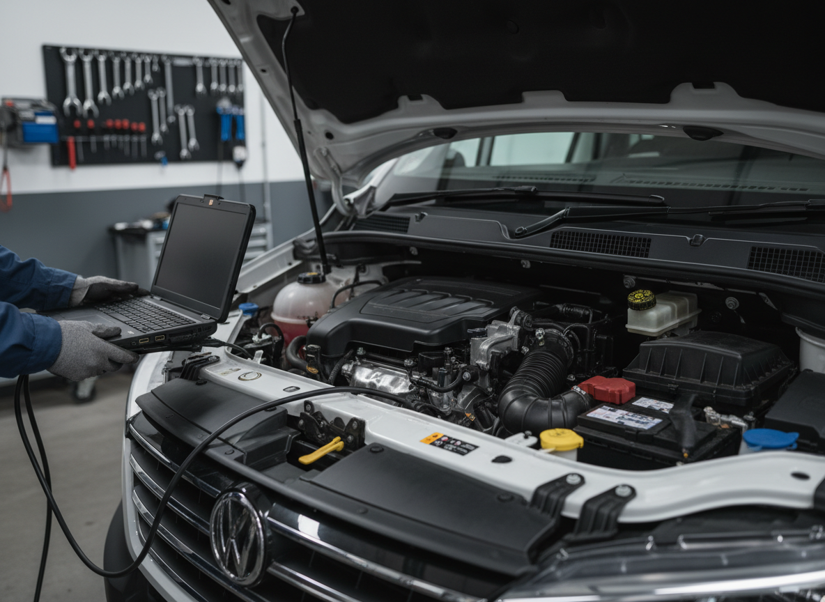 Technician with diagnostic laptop working on a white diesel van engine bay