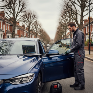 Mobile ECU remapping technician working on a BMW 3 Series on a UK residential driveway
