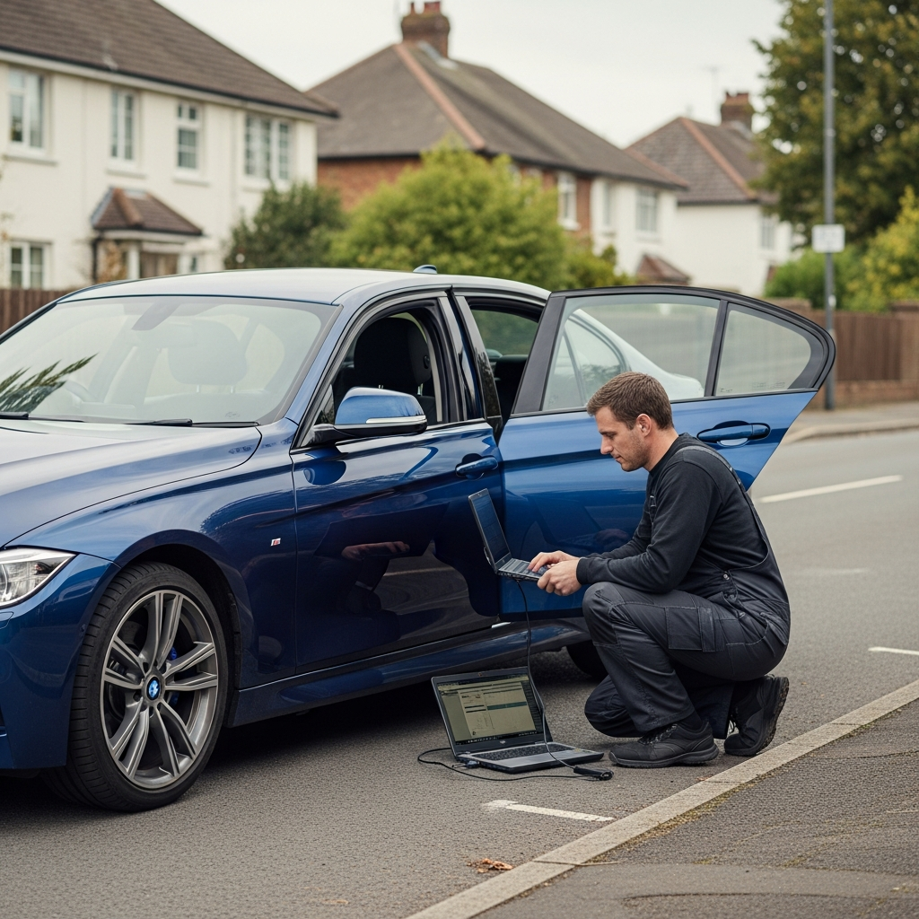 Mobile ECU remapping technician working on a BMW 3 Series on a UK residential driveway