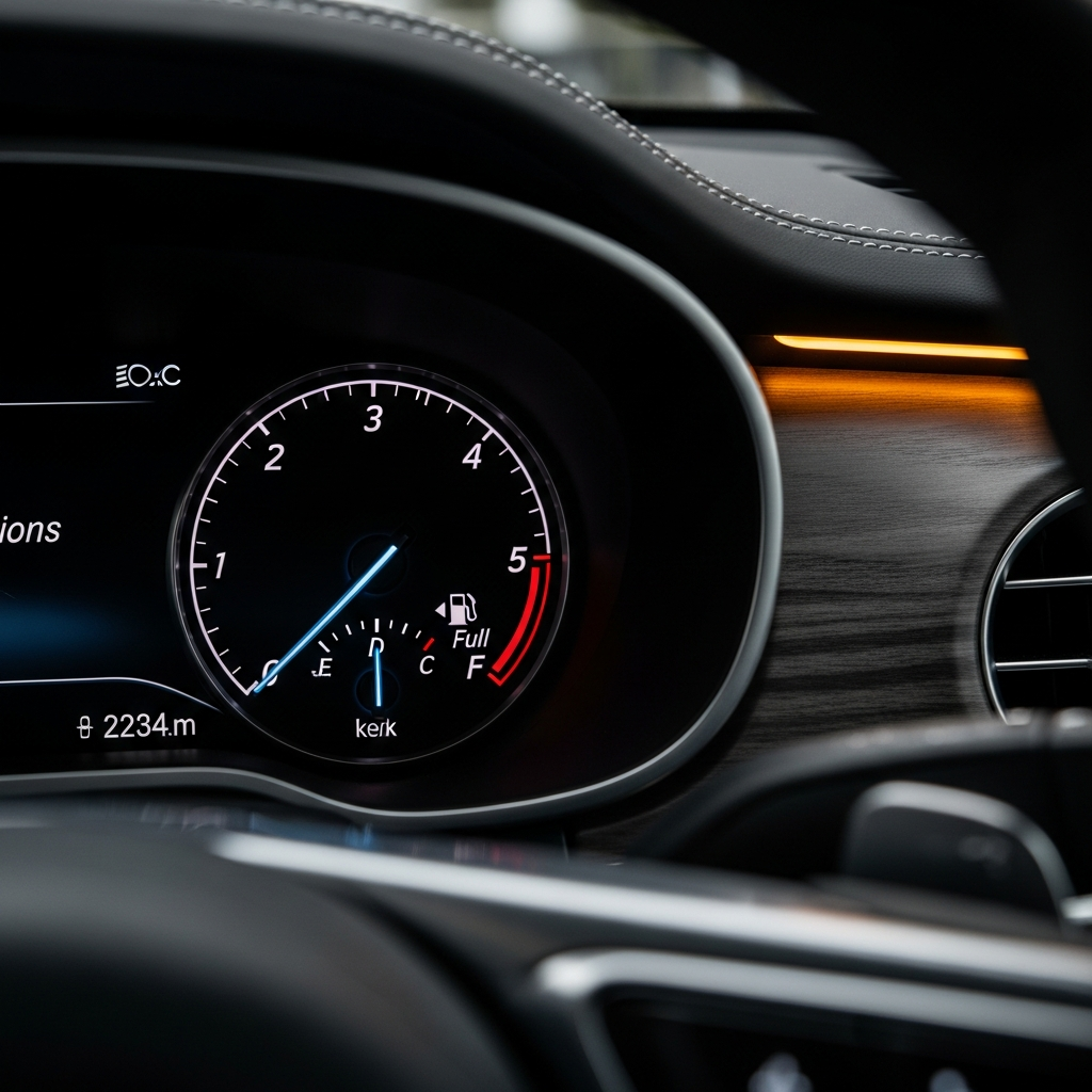 Vehicle fuel gauge dashboard showing fuel level after economy ECU remap improvement