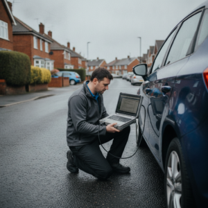 Mobile ECU remapping technician connecting OBD laptop to a car on a Coventry residential street