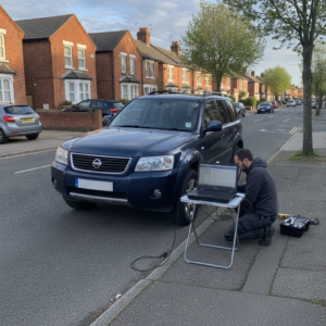 Mobile vehicle remapping specialist with diagnostic laptop connected to a diesel car on a Dudley street