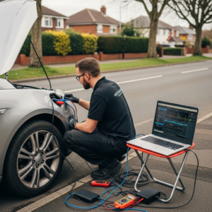 Mobile ECU remapping specialist at work on a car in the West Midlands