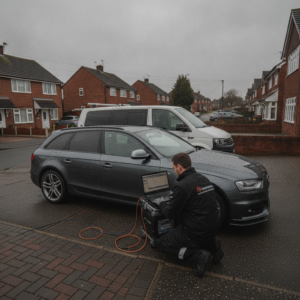 Mobile ECU remapping technician connecting OBD laptop to car on Willenhall driveway