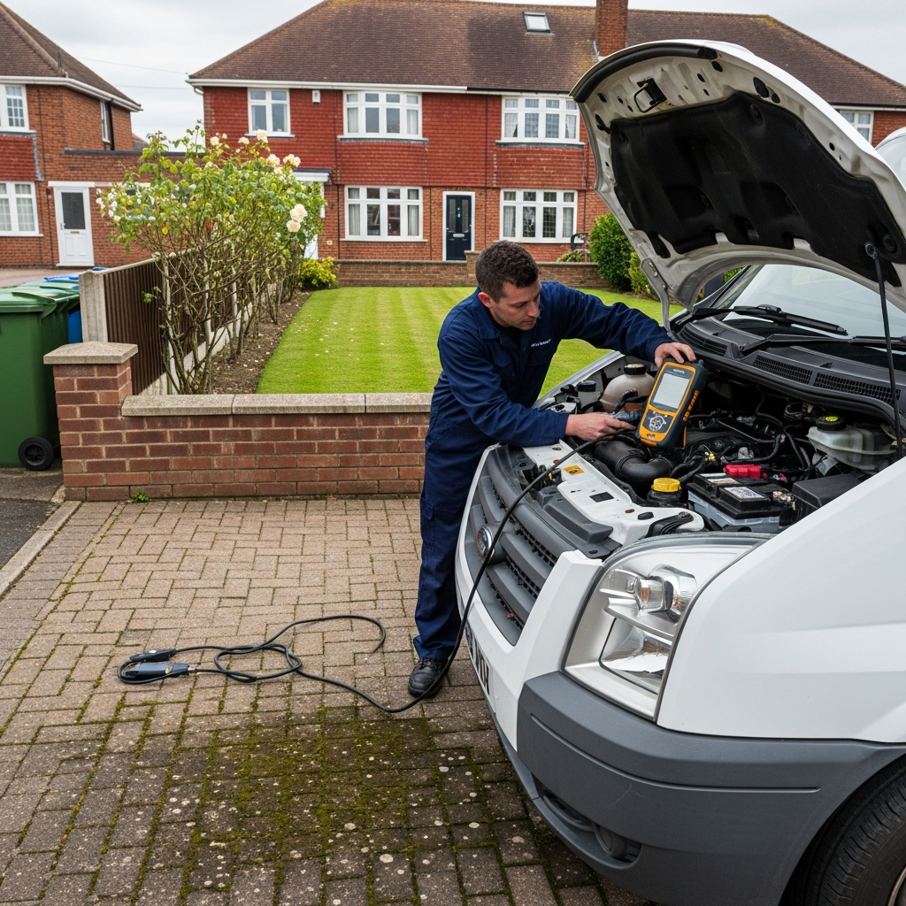 Technician connecting OBD diagnostic laptop to a Ford Transit Custom on a driveway for ECU remapping