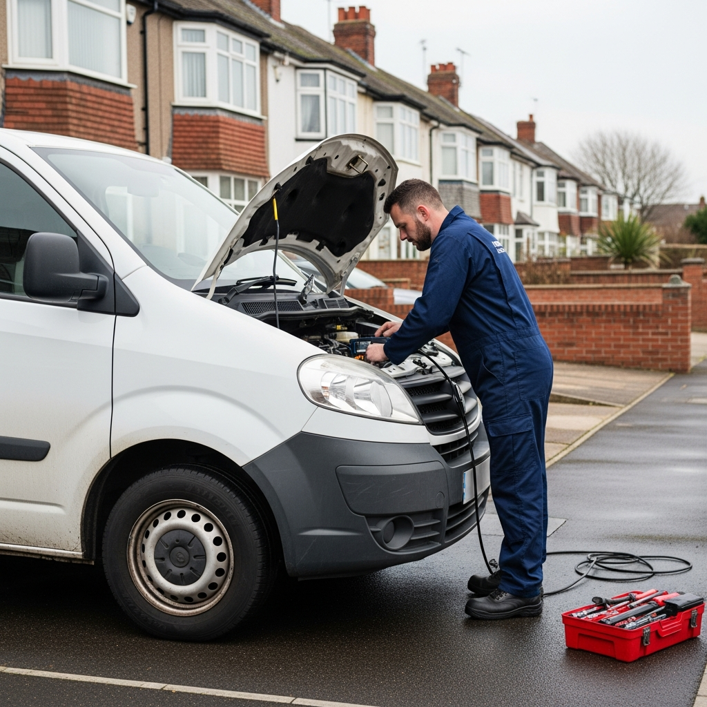 Technician connecting OBD diagnostic laptop to a Ford Transit Custom on a driveway for ECU remapping