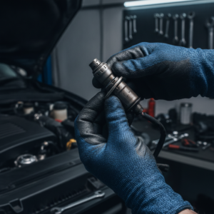 Gloved mechanic hands holding a lambda oxygen sensor removed from a diesel vehicle exhaust system