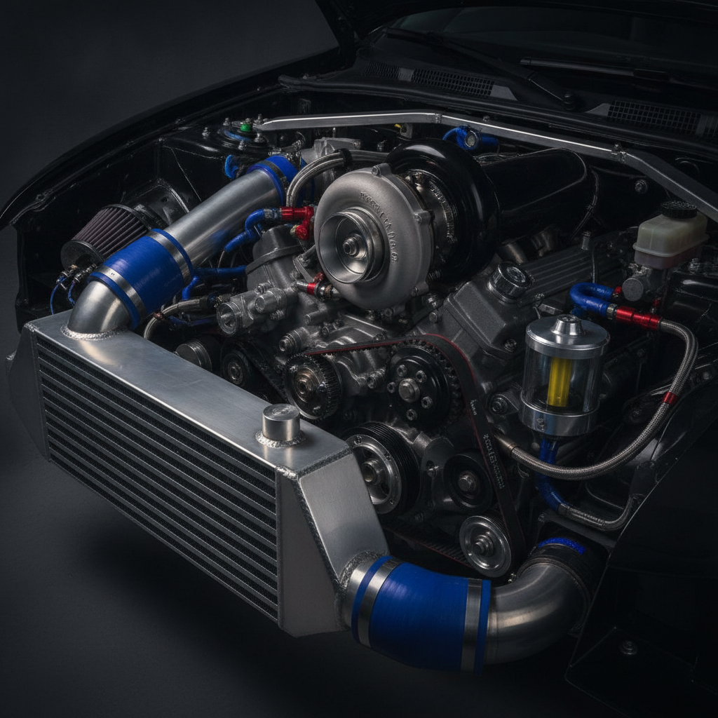 Turbocharged performance engine bay with uprated intercooler ready for Stage 2 remap