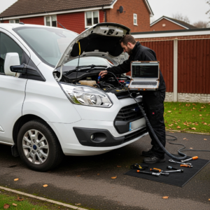 Mobile ECU remapping technician connecting OBD laptop to a Ford Transit Custom van in Willenhall