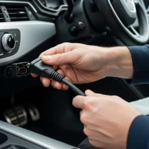 Mobile ECU remapping technician connecting OBD diagnostic laptop to an Audi A4 on a UK residential driveway