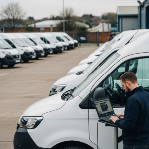Fleet van remapping West Midlands — commercial vehicles at depot with ECU diagnostic equipment