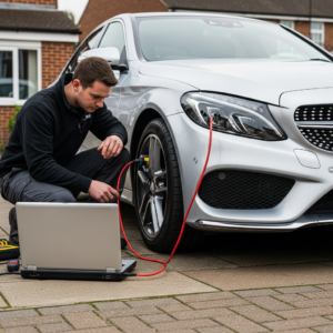 Mobile ECU remapping technician connecting OBD laptop to a Mercedes C-Class on a West Midlands driveway