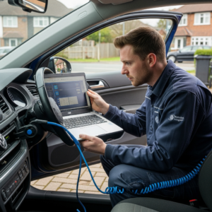 VW ECU remapping in Birmingham — mobile technician connecting diagnostic laptop to Volkswagen OBD port