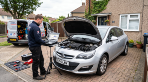 Mobile mechanic performing Vauxhall ECU remap on residential driveway in West Midlands