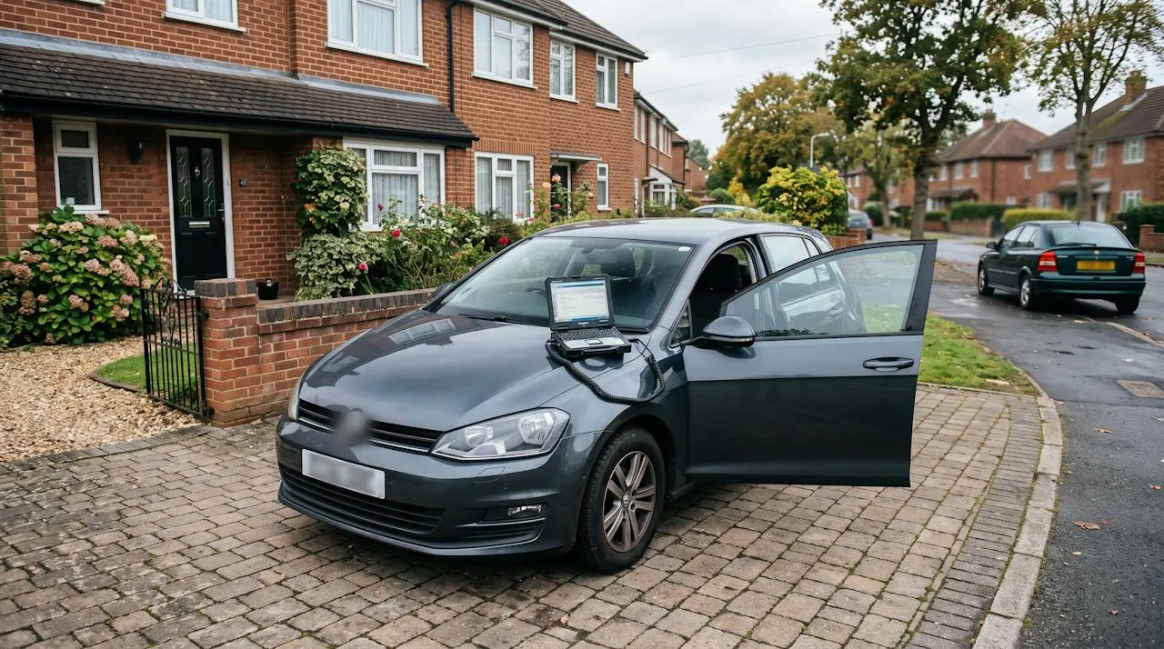 A hatchback on a home driveway with a laptop on the driver's seat