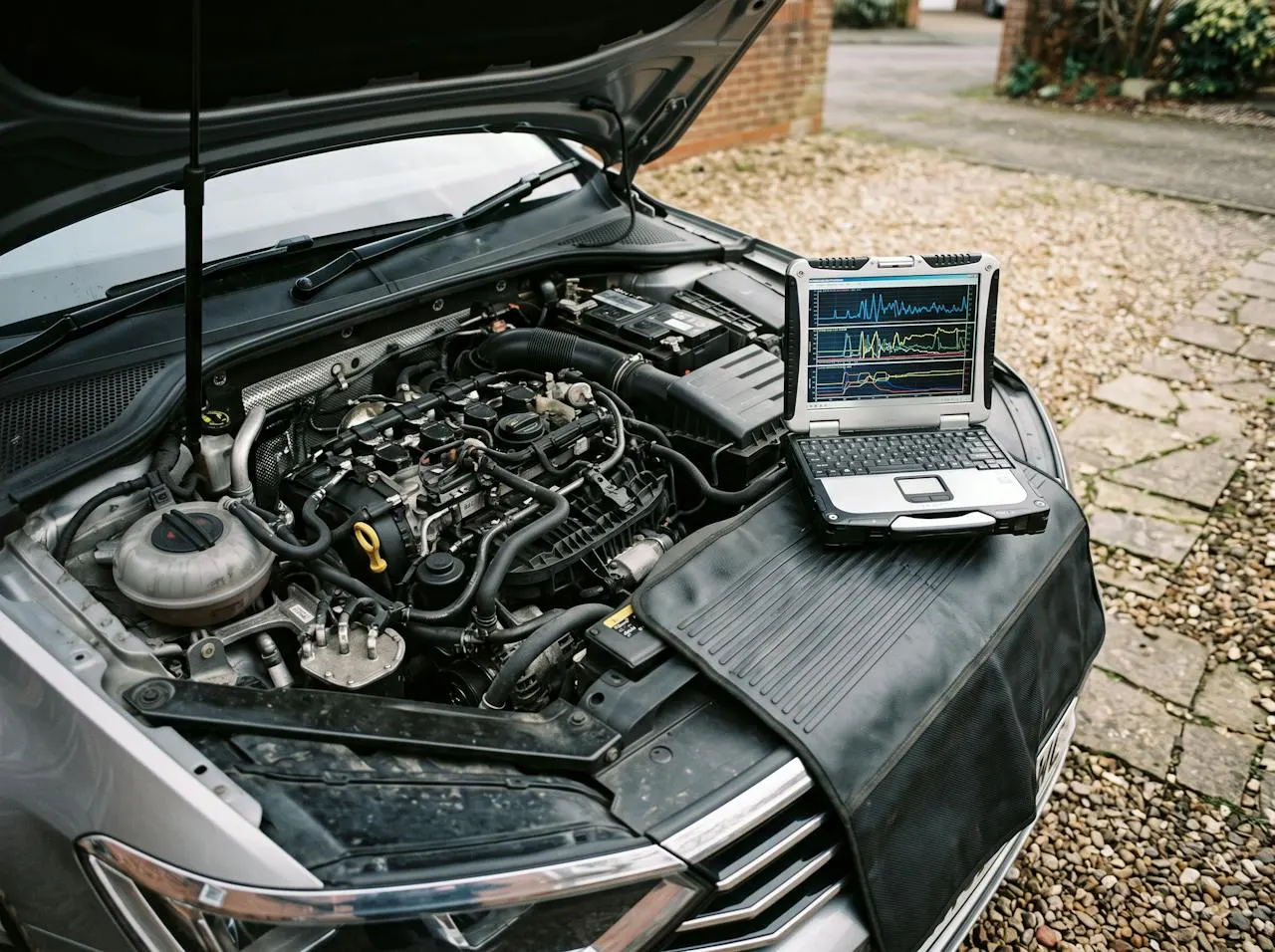 An open engine bay with a laptop showing live engine data
