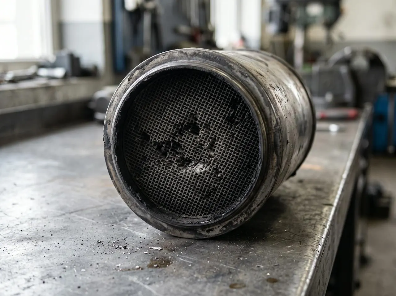 A diesel particulate filter on a workshop bench