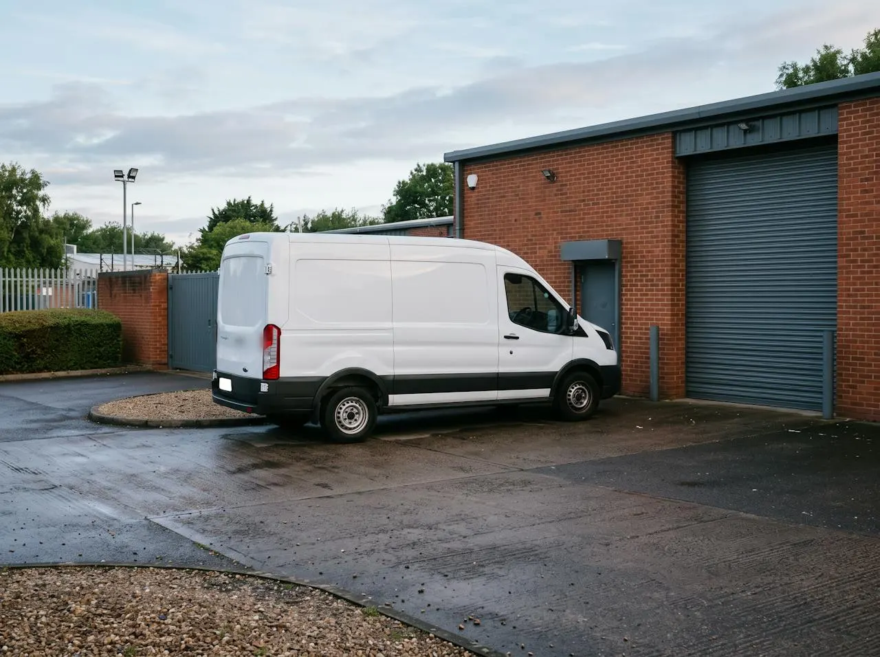 A white van parked in an industrial yard
