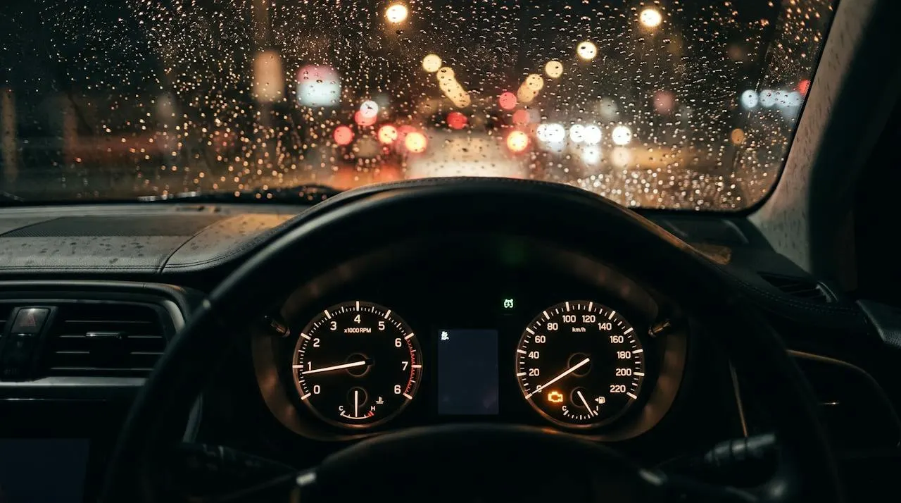 A car dashboard at night with an amber engine warning light on