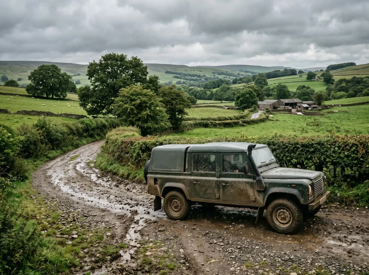 A muddy 4x4 on a farm track