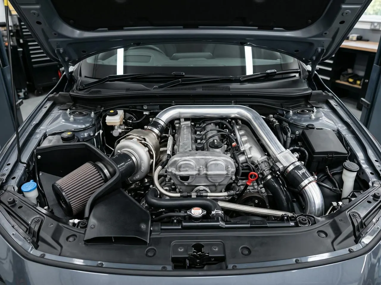 An engine bay with upgraded intercooler pipework and air intake