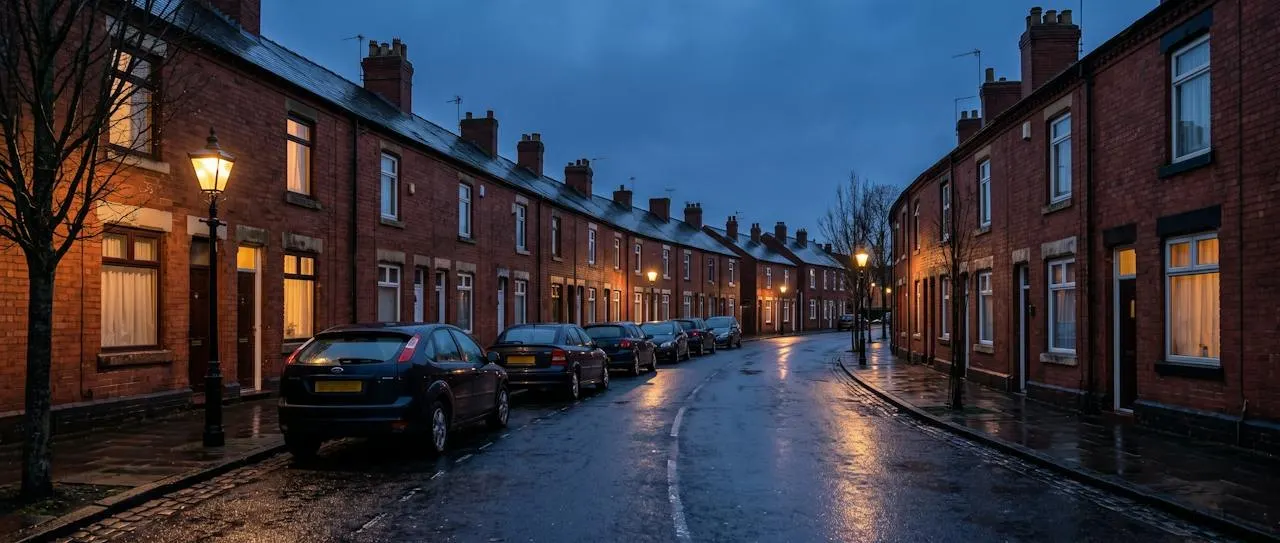 A Black Country street of terraced houses at dusk